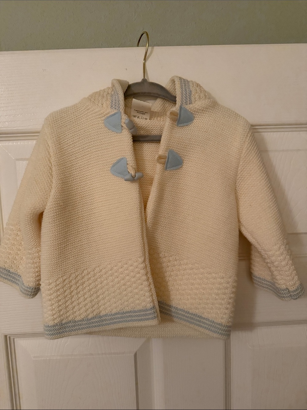 Cream Knit Hooded Baby Jacket with Light Blue Trim